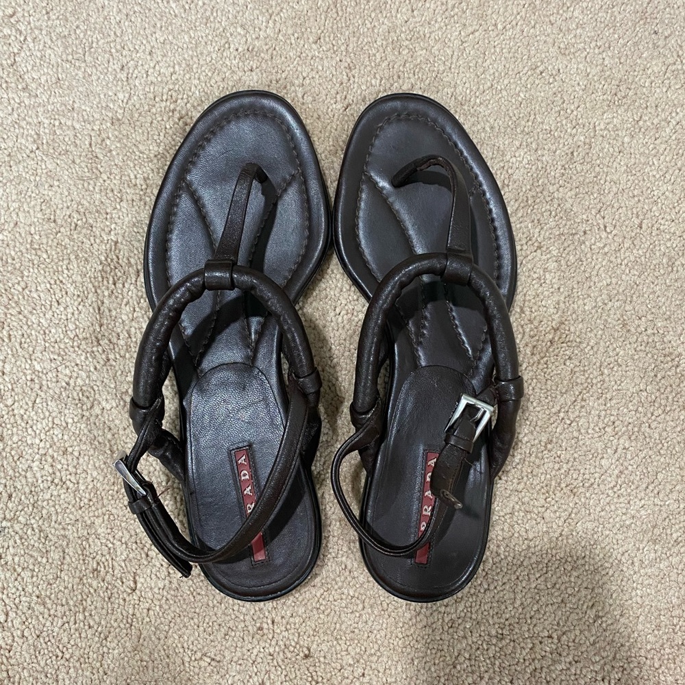 PRADA Brown Leather Thong Sandals  S23